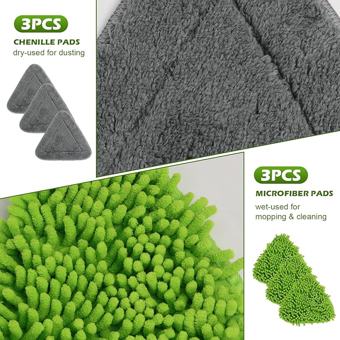 Wall Cleaner Triangle Mop with 82'' Long Handle - Wall Scrubber, Cleaning Washer Tool with 4 Microfiber Chenille Duster Pads for Clean Walls, Ceiling, Windows, Baseboards, Floors (Green, 6 Pads)