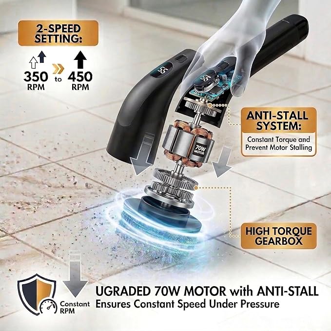 LIVINGPRO Electric Spin Scrubber for Bathroom Cleaning, Cordless Power Scrubber with 70W Dual Speed Motor, LCD Display, IPX7 Waterproof, Adjustable Handle, 7 Brush Heads for Tub Tile Shower Kitchen