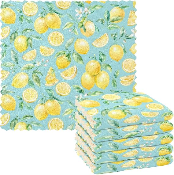 ALAZA Dish Towels Kitchen Cleaning Cloths Yellow Lemon Teal Dish Cloths Absorbent Kitchen Towels Lint Free Bar Tea Soft 