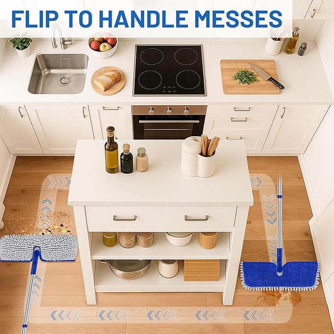 2-Sided Microfiber Dust Mop: Dry Flat Wall Mop for Hardwood Floors with 3 Reusable Pads Reversible Head for Apartment Kitchen Tile Laminate Pet Hair Cleaning