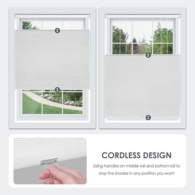 LazBlinds No Tools No Drill Cordless Cellular Shades, Top Down Bottom Up (TDBU) Honeycomb Shades for Home, Light Filtering Thermal Insulation Blinds for Windows, 57.5" W x 64" H, White