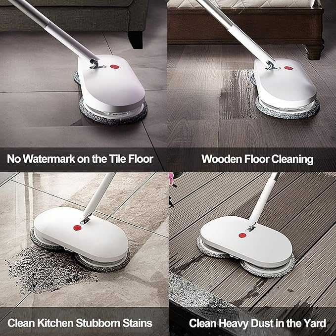 REECOO Cordless Electric Spin Mop Power Mop with 4 Floor Scrubber Pads/Automatic Cleaning Bucket/Water Sprayer,Lightweight & Rechargeable,Suitable for Wooden, Marble, Tile, Hardwood Floor.