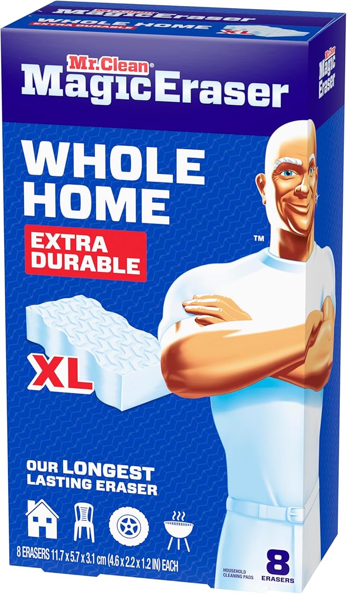 Mr. Clean Magic Eraser Sponge, All Purpose Cleaner, Long Lasting Cleaning Scrubber, Wall, Sneaker, Oven, Kitchen, Bathroom, Shower Cleaner, Cleaning Supplies, Whole Home Extra Durable XL, 8ct