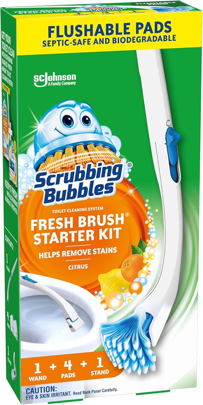Scrubbing Bubbles Toilet Bowl Brush and Holder with Cleaner Refill Pads, Fresh Brush Toilet Wand Starter Kit, Cleans Limescale & Fights Odors, Citrus Scent, 1 Wand + 4 Refills + 1 Stand (Pack of 4)