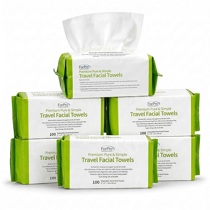 ForPro Travel Size Disposable Face Towels, 8"x8" Compact Dry Wipes Bulk Pack, Ultra Soft Lint-Free Viscose Makeup Remover Pads for Sensitive Skin, Biodegradable, Vegan, 600-Count