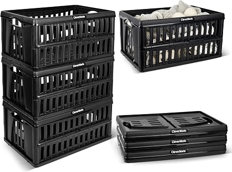 CleverMade Collapsible Utility Crates, 60L Storage Crate, 3 Pack, Obsidian