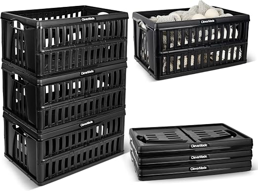 CleverMade Collapsible Utility Crates, 60L Storage Crate, 3 Pack, Obsidian