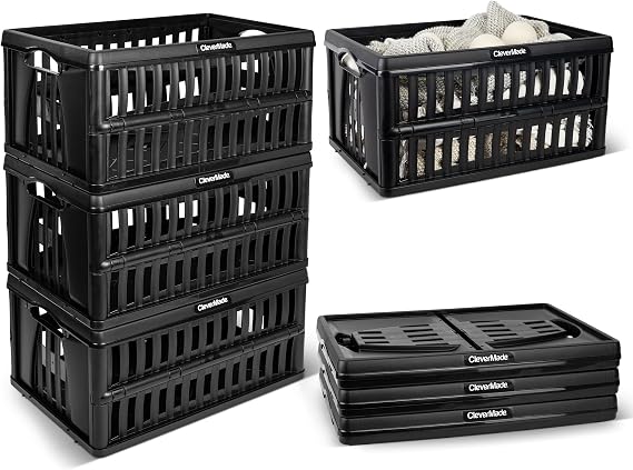 CleverMade Collapsible Utility Crates, 60L Storage Crate, 3 Pack, Obsidian