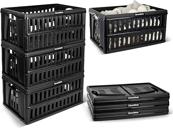 CleverMade Collapsible Utility Crates, 60L Storage Crate, 3 Pack, Obsidian