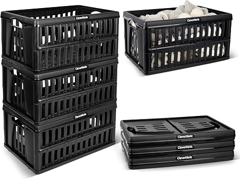 CleverMade Collapsible Utility Crates, 60L Storage Crate, 3 Pack, Obsidian