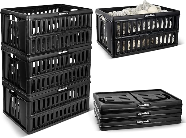 CleverMade Collapsible Utility Crates, 60L Storage Crate, 3 Pack, Obsidian