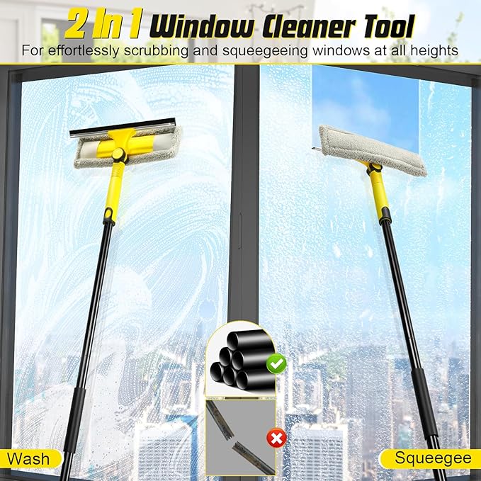 Window Squeegee with Extension Pole for Home, Professional Squeegee for Window Cleaning Tool Kit with Scrubber, 2 in 1 Rotatable Window Washing Kit for Car Glass Shower Indoor & Outdoor High Windows