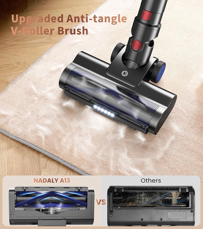 NADALY Cordless Vacuum Cleaner, 500W 40KPA Stick Vacuum with 45min Runtime, Anti-Tangle Vacuum Cleaners for Home, 1.5L Dust Cup, Rechargeable Wireless Vacuum for Hardwood Floor Carpet Pet Hair
