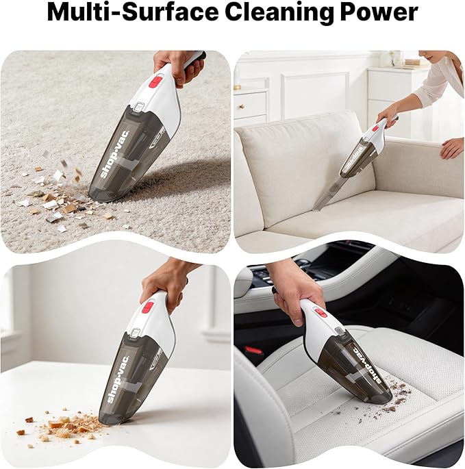 Shop-Vac Wet/Dry Handheld Vacuum Cordless, Powerful Portable Car Vacuum Rechargeable, Wall-Mounted Hand Vac with Crevice Tool, Lightweight Hand Vacuum for Home & Car, Washable Filter, White