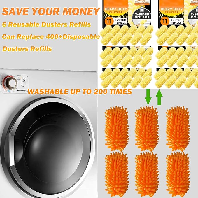 Reusable Duster for Swiffer, 360 Heavy Duty Duster Refill Compatible with Swiffer Hand Dusters for Dusting Furniture, Blinds, Ceiling Fans, Walls and More, 6 Refills +1 Handle, Orange