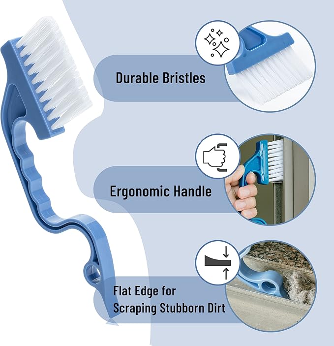 Slick- Window Track Cleaning Brush, 2 Pack, Blue Ergonomic Handle, Built-in Scraper, Multipurpose, Window Track Cleaning Tools