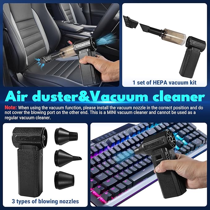 Violent Turbo Fan, Electric Compressed Air Duster & Vacuum Cleaner, Portable Rechargeable Cordless Handheld Air Blower with LED Light & Power Bank for PC, Outdoor, House, Car, 20000mAh