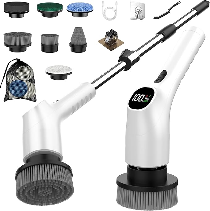 Electric Spin Scrubber, Shower Scrubber with Long Handle Adjustable LCD Display, 2 Speed Shower Cleaner, 7 Replaceable Brush Heads Bathroom Cleaning Brush, Bath Tub Power Scrubbers White G3