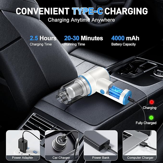 KMM Handheld Car Vacuum Cleaner, 9000PA Vacuum Cleaner & Air Duster, 120W High Power Vacuum Portable Cordless, Hand Held Vacuum Rechargeable with Multi-Nozzles & LED Light for Home, Car, Office