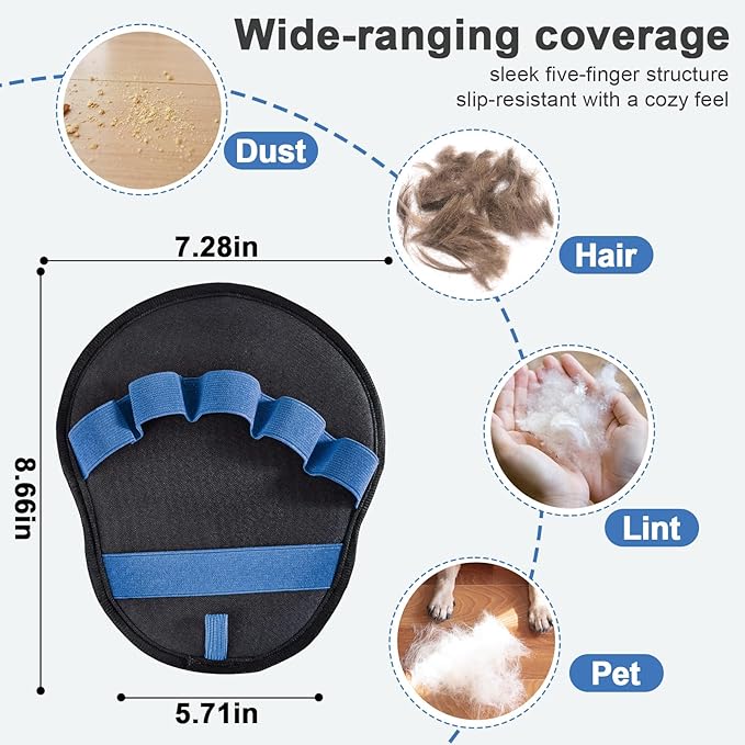 Lonfliness 2pcs Pet Hair Fur Removal Mitt Glove for Cats Dogs 5-Finger Electrostatic Reusable Pet Hair Remover Brush Tool for Couch Furniture Carpet Laundry Clothing (Blue)