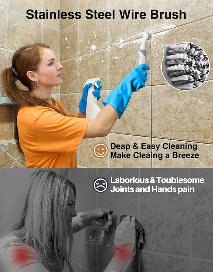 kHelfer Rechargeable Electric Grout Brush with Built-in Battery, Upgraded KH6A Stainless Steel Wire Power Brush & IPX7 Waterproof, Cordless Cleaning Brush & 5 Replacement Heads for Grout, Crevice