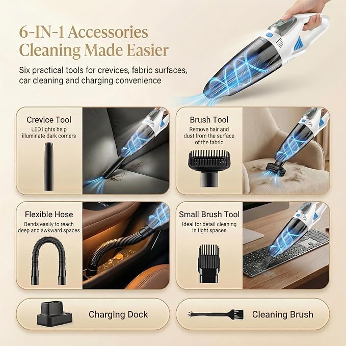 Handheld Vacuum Cordless, 25000Pa Powerful Suction Car Vacuum Portable Cordless with 8000mAh Battery & LED Light, Hand Held Vacuum Rechargeable with HEPA Filters, Home, Car Seats, Pet Hair White
