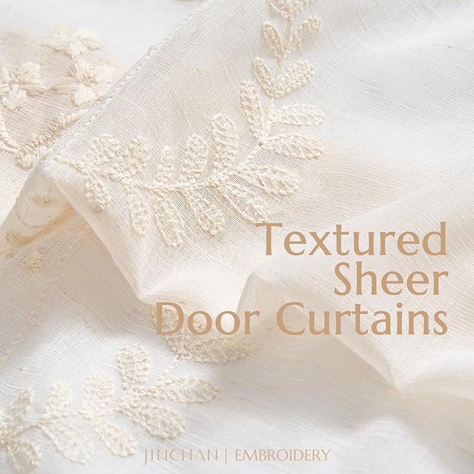 jinchan Belrose French Sheer Volie Door Curtain Embroidered Farmhouse Linen Curtain for Patio Door with Tie up Bows Light Filtering for Door Window Closet Rod Pocket 40 Inches 1 Panel Beige on Beige