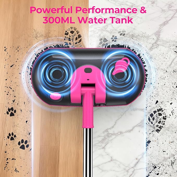Cordless Electric Mop, Electric Spin Mop with Water Sprayer, Powerful Floor Cleaner, 300ml Tank Self-Propelled for Hardwood & Tile, Adjustable Handle, 2500mAh Long-Lasting Battery, Pink