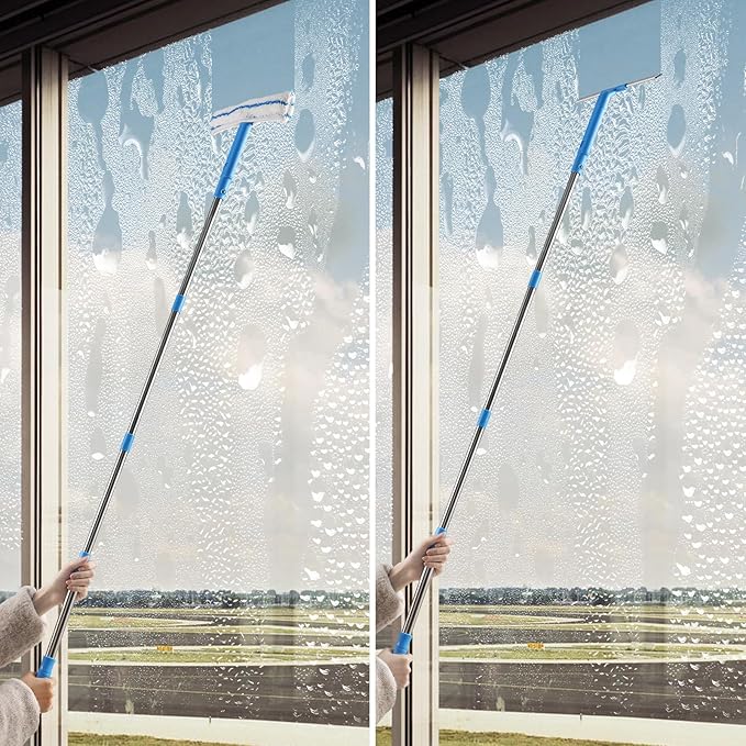 Mitclear Window Cleaner with Long Handle(57IN), Glass Cleaning Tools with Silicone Squeegee & Microfiber Scrubber, Window Cleaning Kit for Shower Glass Mirror Door Car