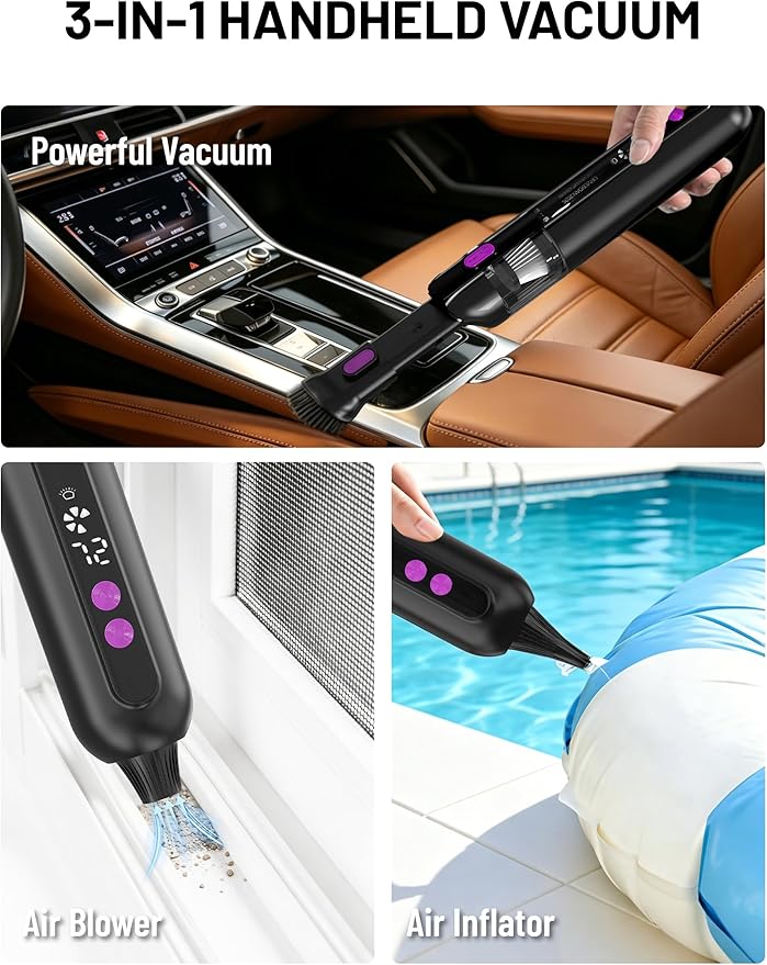 Handheld Cordless Car Vacuum Cleaner 15000Pa, 3-in-1 Portable Vacuum with LED Display & HEPA Filter,USB-C Rechargeable, up to 30-Min Runtime for Car, Home, Desk & Pet Hair(Black)