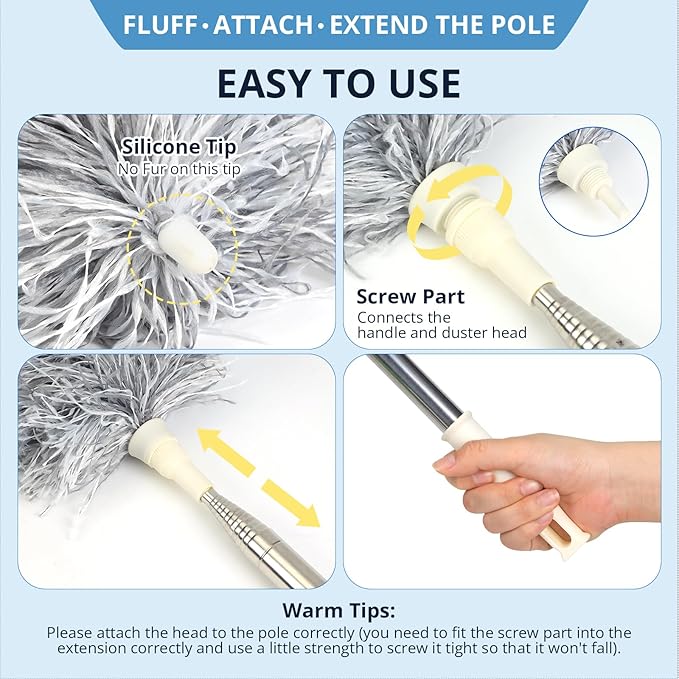 ZZ LAZYCOTTAGE Duster with Extension Pole & Flexible Head, Gray Feather Duster, Long Ddusters for Cleaning for High Ceilings, Walls, Fans, Cobweb and Furniture