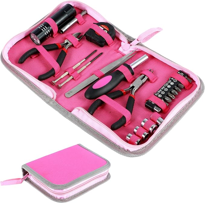 23Pcs Pink Tool Set for Women, Home Repairing Tools Kit Women, Multifunctional Pink Home Hand Tool Set with Storage Bag,