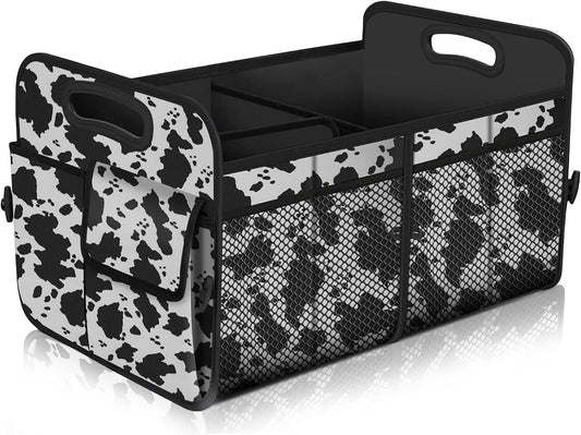 Femuar Car Trunk Organizer,Car Storage Organizer with 72L Large Capacity Waterproof Collapsible and 11 Pockets,Trunk Organizer for Car Suv/Jeep/Sedan, Large Size, Cow print