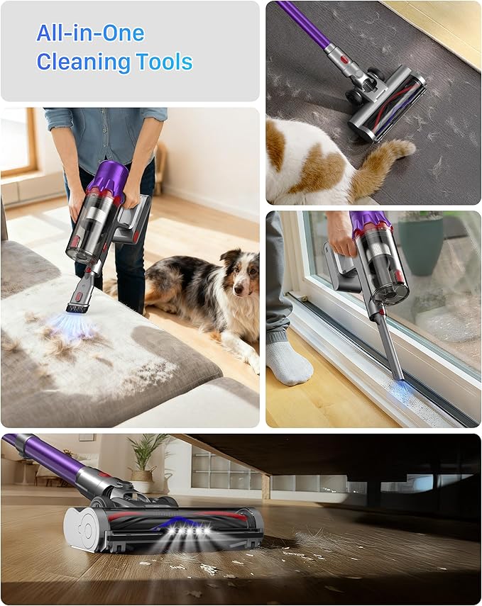 Cordless Vacuum Cleaner for Home - Powerful Stick Vacuum with HEPA Filter, 55-Min Runtime, LED Light, Anti-Tangle Brush, Detachable Battery,Lightweight Vacuum for Pet Hair,Carpets & Hard Floors