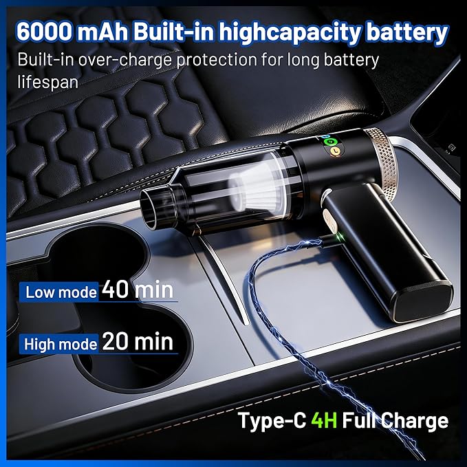 GcdPai Handheld Car Vacuum Cordless 20000PA Powerful Small Portable Rechargeable Vacuum Cleaner with LED Light Mini Vacuum for Car, Home, Office, Keyboard, Pet (Black Gold)
