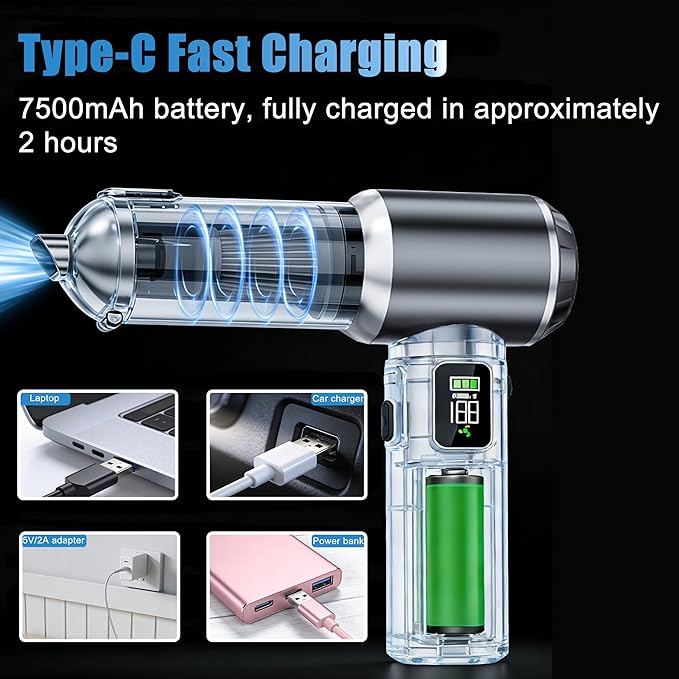 Car Vacuum Portable Cordless,20000Pa Suction Power Handheld Vacuum Ideal for Quick Cleaning in Cars, Homes, and Offices,with Washable Filter and Replaceable Nozzle,Type-C Charging,Silver&Gray