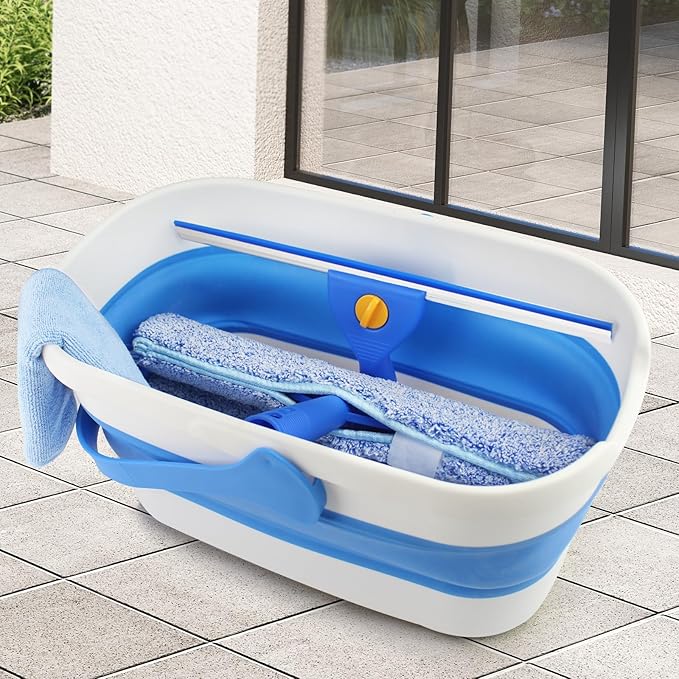 Window Cleaning Kit with Collapsible Bucket 3 Gallon, 14" Window Squeegee and 15" Scrubber with 61" Long Handle, Professional Window Washing Kit Cleaner Tool for Home Outdoor Office Commercial Use