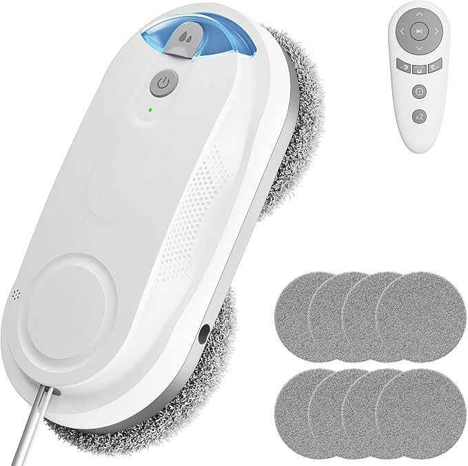 KKI Window Cleaning Robot, Auto Window Cleaner Robot, Dual Spray, Max 3200Pa, AI Path Planning & Edge Detection, Remote Control for High-Rise Windows, Glass Door,5Pairs Cloths, X3 (White)