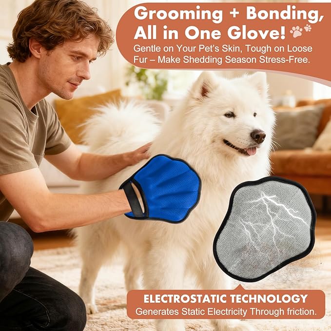 Pet Hair Removal Glove, Electrostatic Pet Hair Remover Glove for Cats & Dogs, Pet Hair Remover Tool for Laundry, Couch, Carpet, Car Seat - Upgraded Five-Finger, Reusable, Blue+Grey