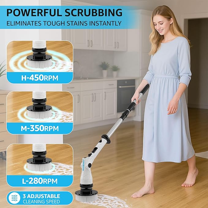 Electric Spin Scrubber, 3-Speed Power Scrubber for Cleaning Bathroom, 6-Angle Adjustable Head Cordless Scrubber with 8 Brush Heads & Long Handle, LCD Display Shower Scrubber for Grout Tile Floor Tub