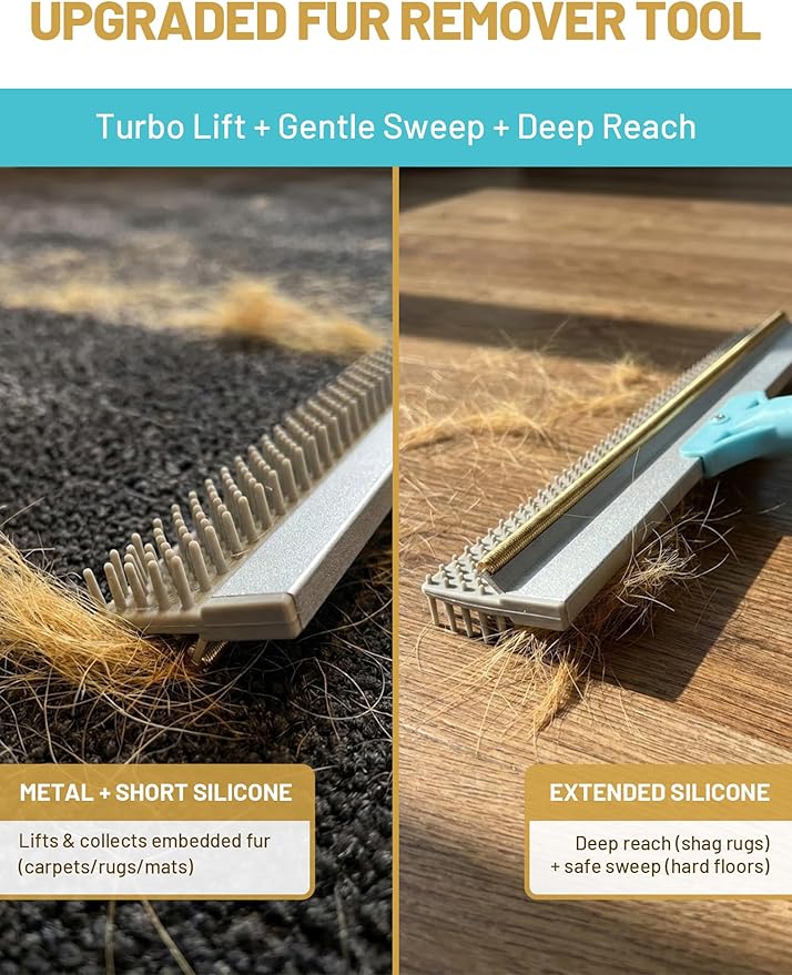 Carpet Rake for Pet Hair Removal: DELOMO Carpet Scraper Broom with 54” Adjustable Long Handle, Dual-Sided, Metal + Short Silicone for Carpets & Rugs, Extended Silicone for Shag Rugs & Hard Floors