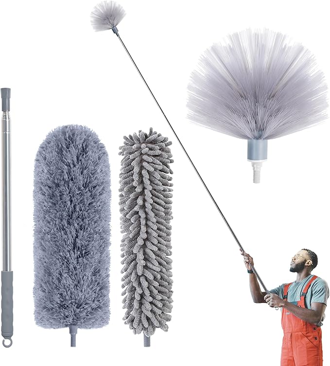 IVYROLL Cobweb Duster with Extension Pole, 100'' Microfiber & Chenille Ceiling Cleaner Kit, Reusable Feather Duster, Bendable, Washable