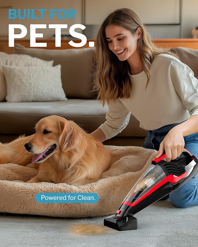 Powools Pet Hair Handheld Vacuum Cordless, Car Vacuum Rechargeable with Reusable Filters, Motorized Brush and Multi-Accessories for Carpet, Couch & Stairs, Red, 17.0"X 4.6"X 6.6"