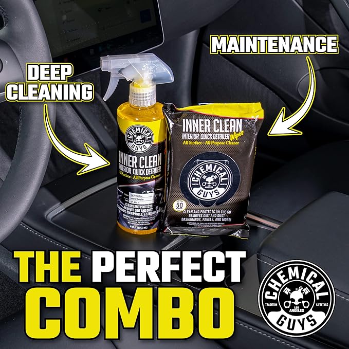 Chemical Guys InnerClean Interior Quick Detailer & Protectant Wipes – 50 Pack Multi Surface Interior Cleaner Wipes for Dashboards, Doors and Seats – Safe for Cars, Trucks, SUVs, RVs and Home Use