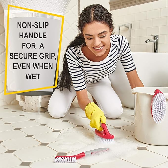 Scrub Brush Set of 3pcs - Cleaning Shower Scrubber with Ergonomic Handle and Durable Bristles - Grout Cleaner Brush - Scrub Brushes for Cleaning Bathroom, Shower, Tile, Kitchen, Floor, Bathtub, Floor