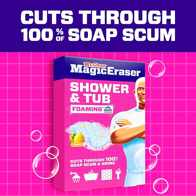 Mr. Clean Magic Eraser Sponge, Bathroom, Shower, Tub Cleaner, Soap Scum Remover, Bathroom Cleaning Supplies, Dawn Cleaning Power with Lemon Scent, Shower & Tub, 8 Count (Pack of 4)