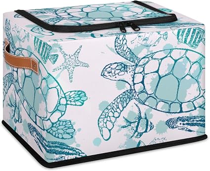 Sea Turtle Ocean Storage Bins With Zipper Lid, Collapsible Trunk Organizer, Car Organizers and Storage Bins with Lids, D