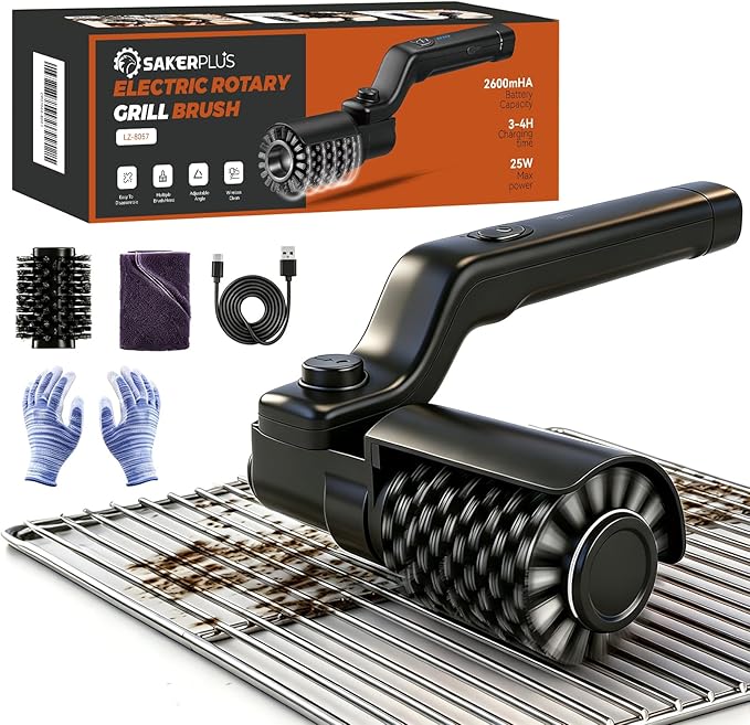Sakerplus Electric Grill Brush,Cordless Rechargeable Grill Cleaning Brush with 2 Heads, 3-Speed & Angle Adjust, 400 RPM Waterproof Grill Cleaner for Outdoor Grill for Outdoor Camping Barbecue Grates