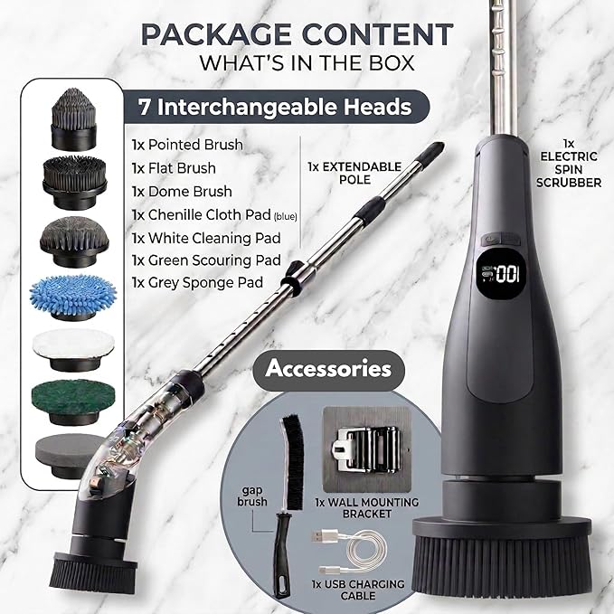 LIVINGPRO Electric Spin Scrubber with LCD Display, Cordless Cleaning Scrubber for Home, Upgraded 70W High-Power Motor, IPX7 Waterproof Dual Speed Power Scrubber, 7 Brush Heads, Extendable Long Handle