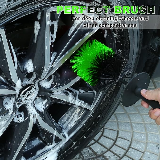 TAKAVU Master Wheel & Tire Brush, Easy Reach Rim Detailing Brush, Multipurpose Use for Wheels, Rims, Exhaust Tips, Motorcycles (Green)